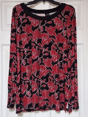 New Directions Women'sBlack And Red Floral Blouse Long Sleeve, Large